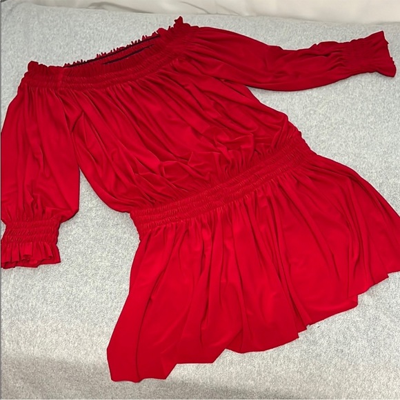 Norma Kamali Red Off Shoulder Dress Medium Mini Hoco Christmas Cocktail Holiday - Picture 2 of 12